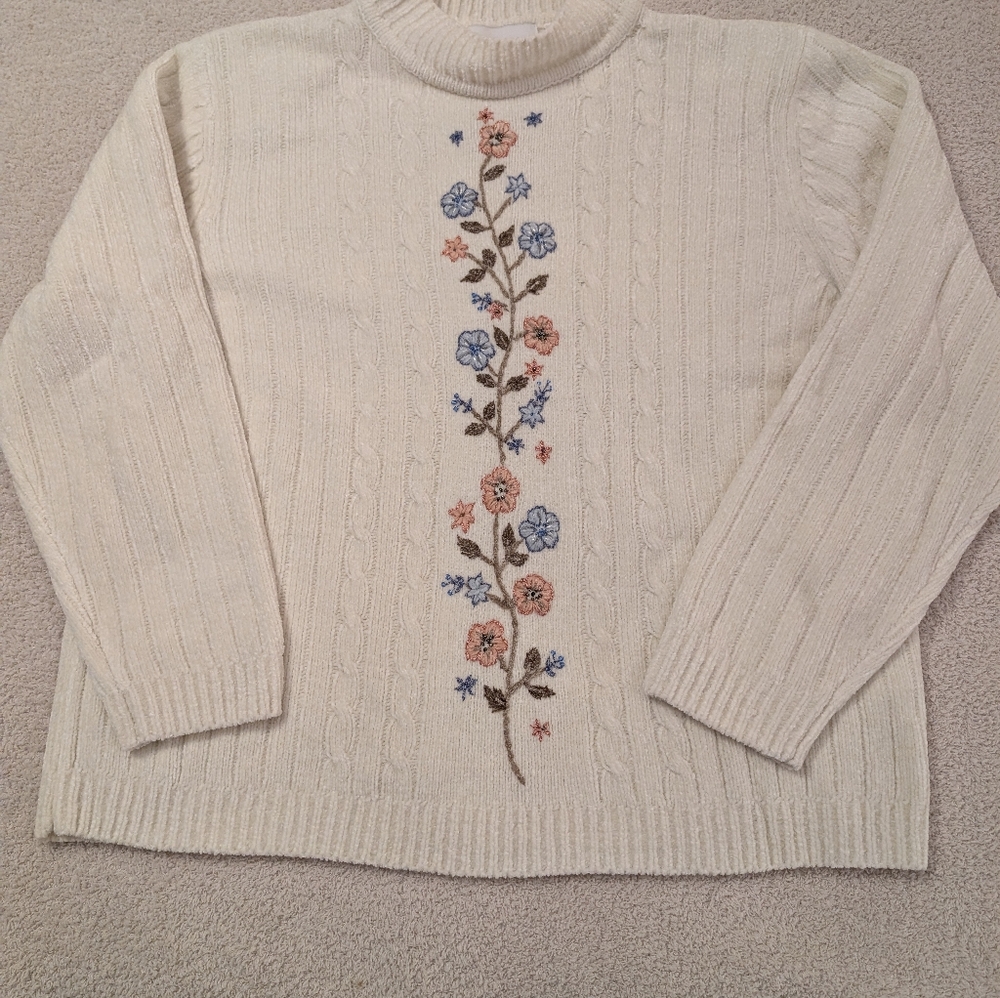 Vintage Alfred Dunner Sweater 3X Cream Women's  Long Sleeve Acrylic Floral Woman